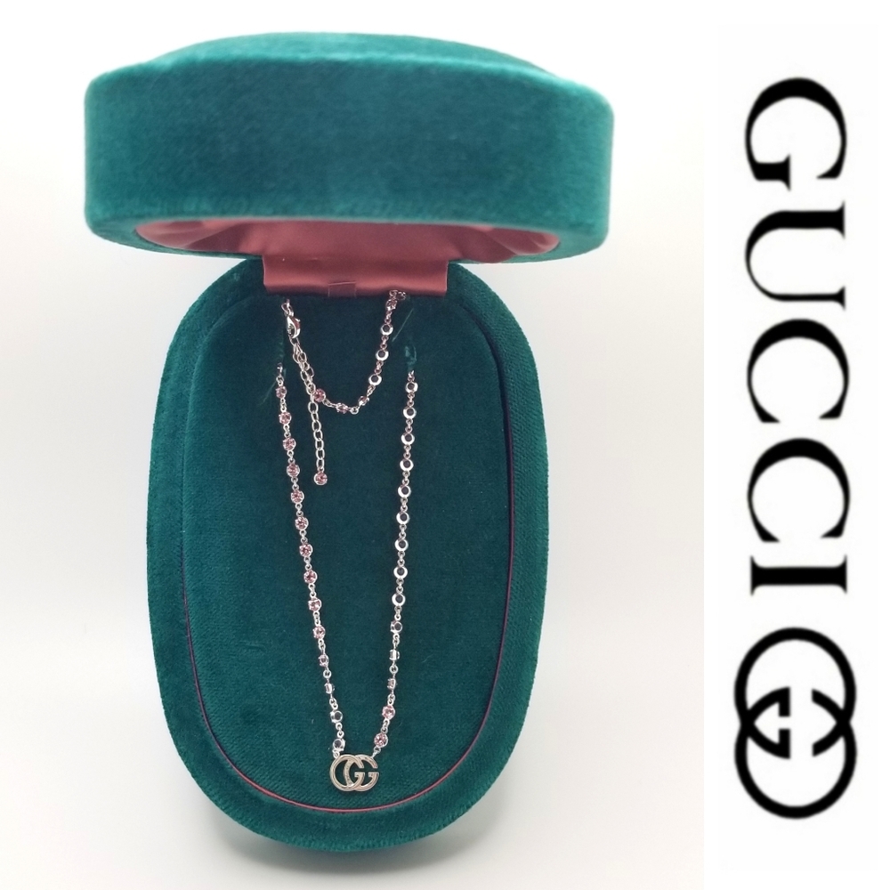 🆕️ Gucci GG Running 18K White Gold Necklace With Pink Topaz